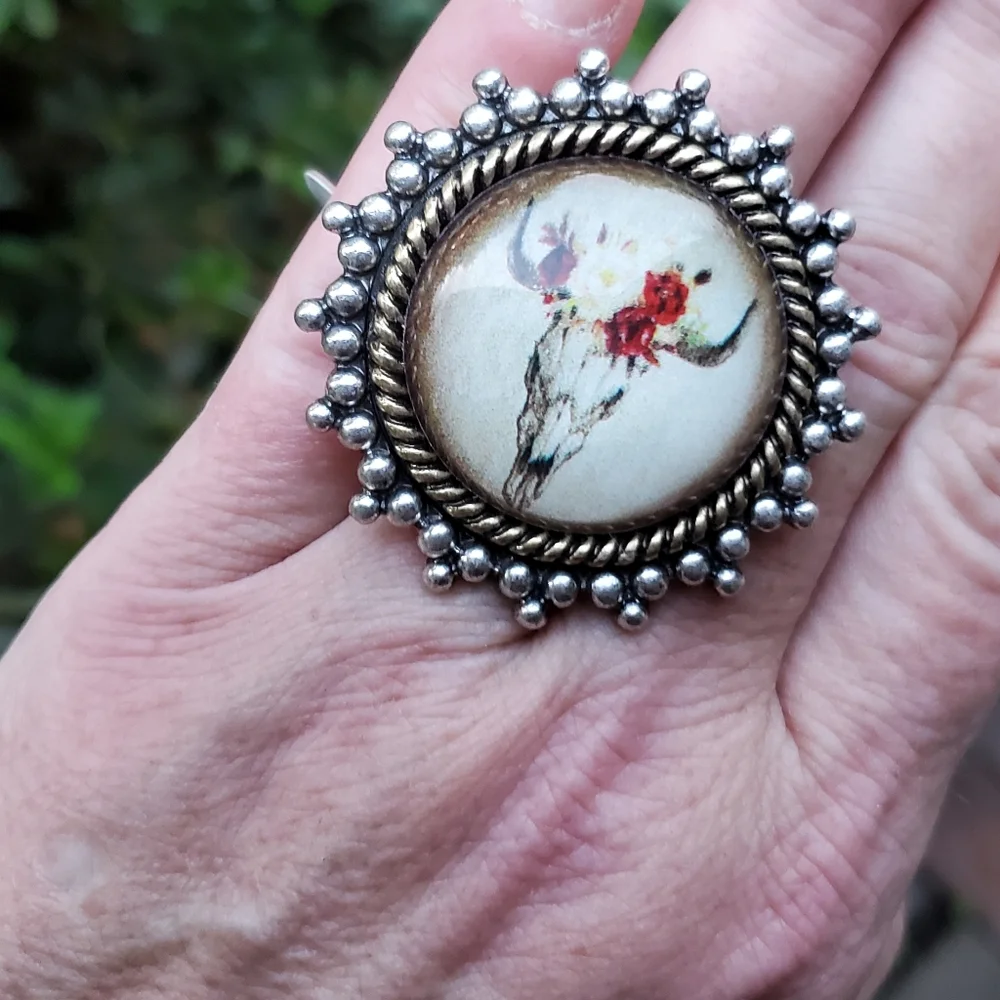 south western Cow Skull Steerhead Bubble Dome boho rustic Statement Ring  nwt